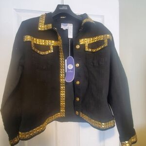 DG2 by Diane Gilman Gold Stud Embellished Black Denim Jacket & Jeans Set | Style